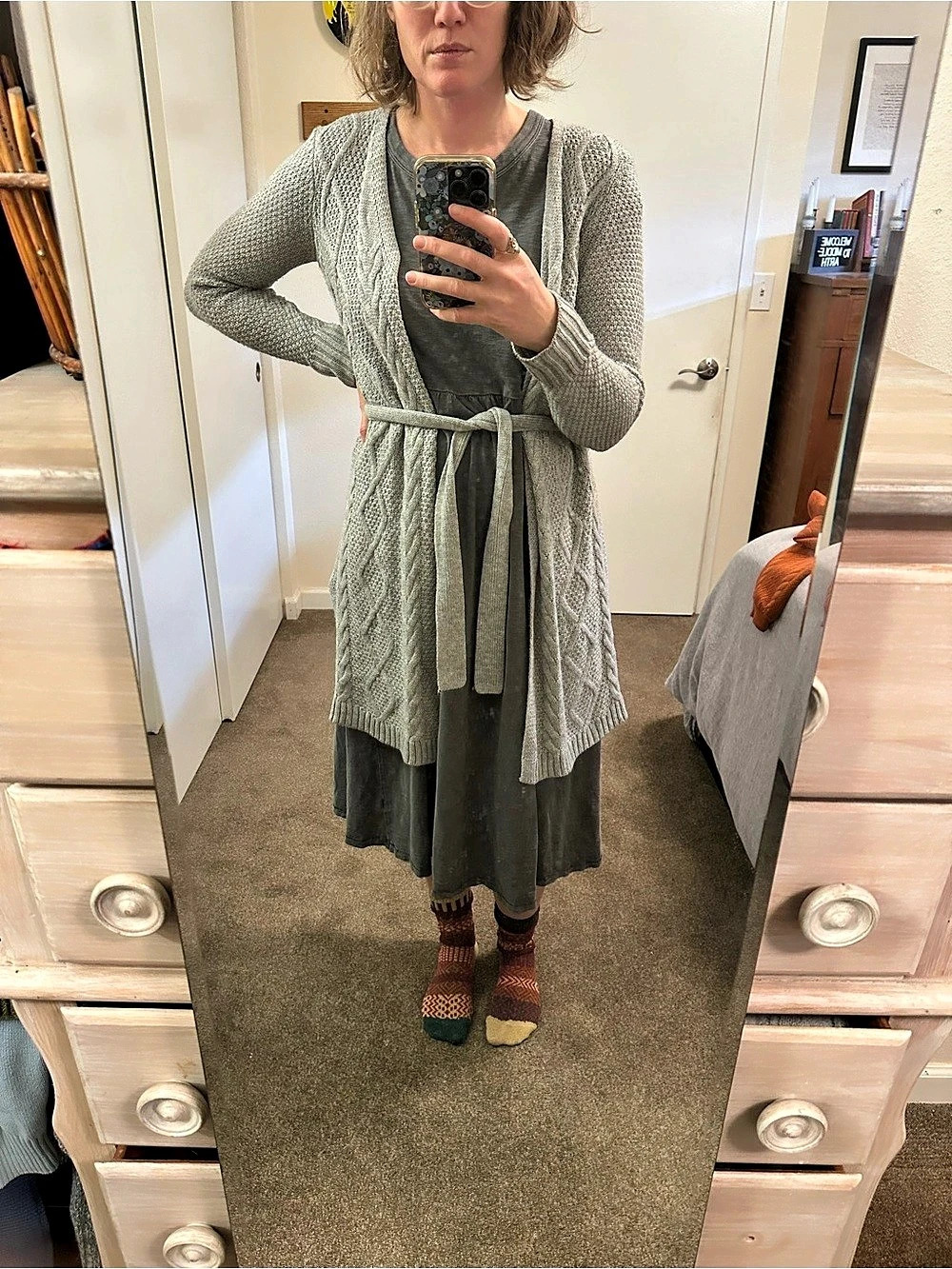 Heather Gray Cable Knit Belted Midi Cardigan, Small/Medium